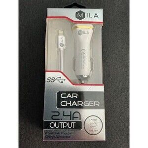 MILA Car Charger 2.4 A Output 2 Port 3.2 FT White IOS & Android Devices